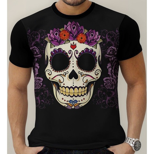 Camiseta Camisa Personalizada Caveira Mexicana Flores