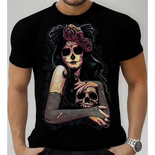 Camiseta Camisa Personalizada Caveira Mexicana Flores Rock