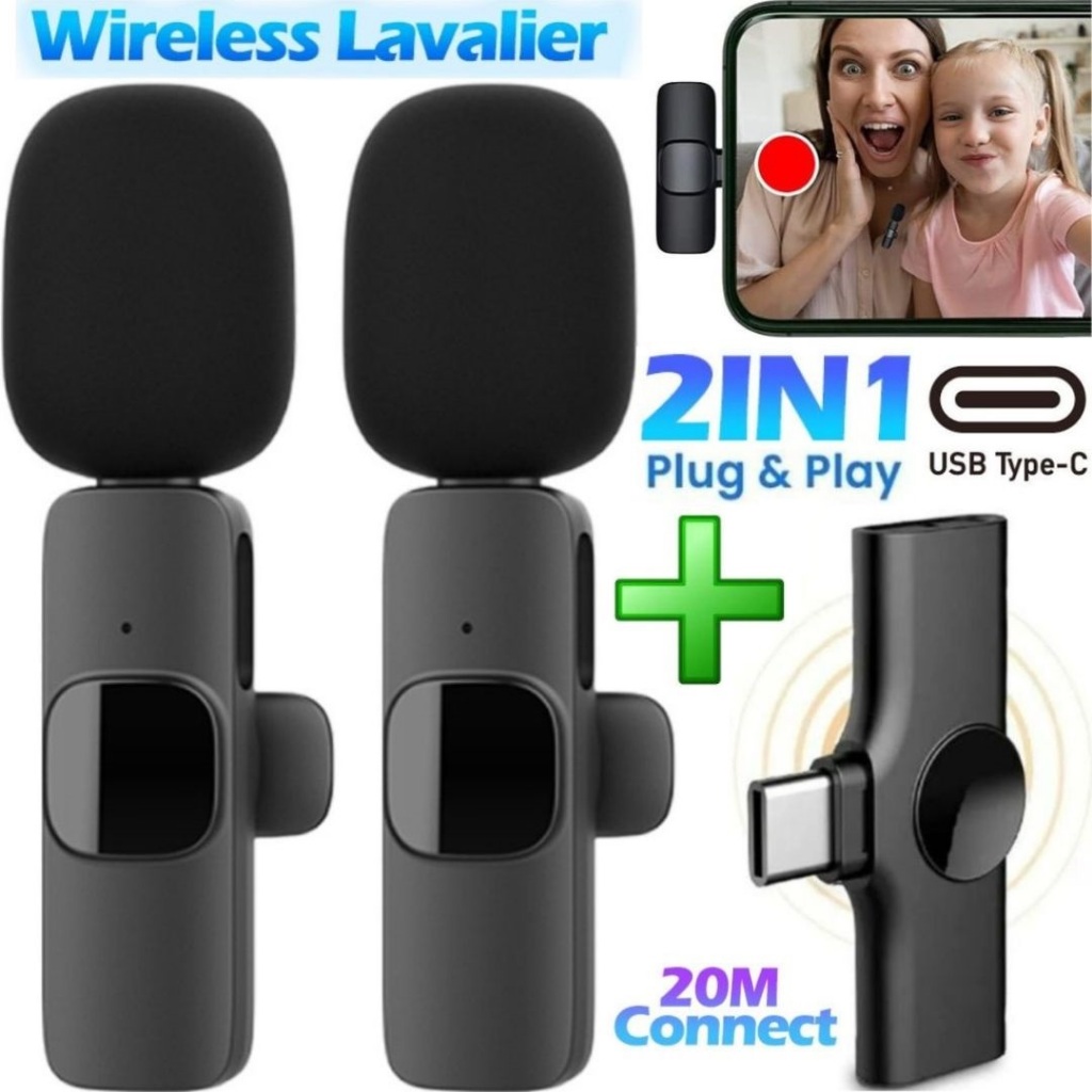 Microfone de Lapela Duplo Sem Fio Tipo-C Profissional Gravação Vídeo no Celular Android