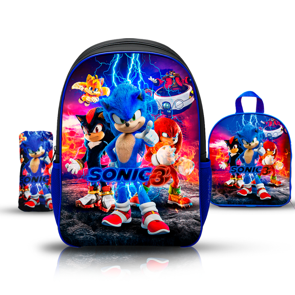 Kit Mochila Escolar infantil Sonic Menino De Costas com lancheira e estojo- REFORÇADA