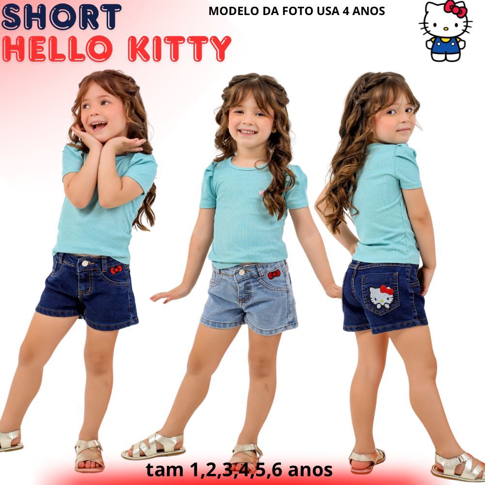 Short Infantil Menina Jeans Hello kitty Bordado Fofo 01, 02, 03, 04, 05, 06 Anos