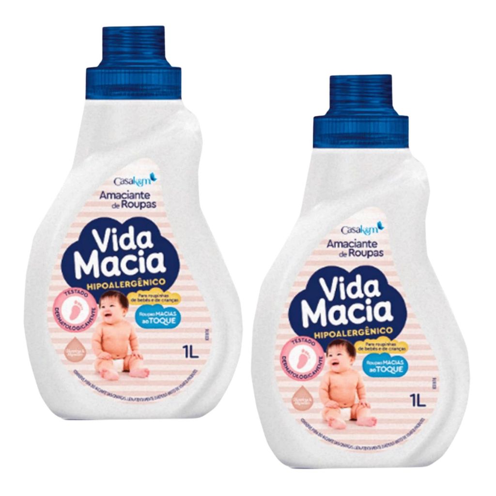 Kit 2 Unidades Amaciante Vida Macia Hipoalergênico Glicerina & Algodão 1 Litro Roupinha Bebê Criança