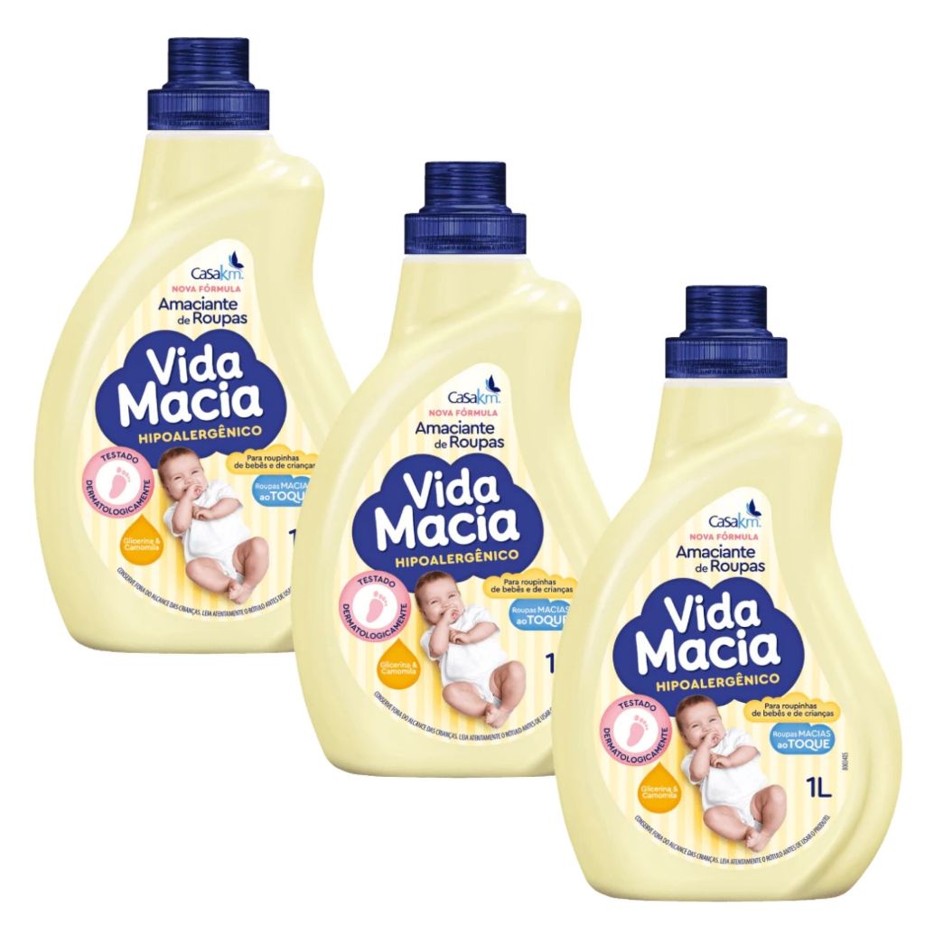 Kit 3 Unidades Amaciante Vida Macia Hipoalergênico Glicerina & Camomila 1Litro Roupinha Bebê Criança