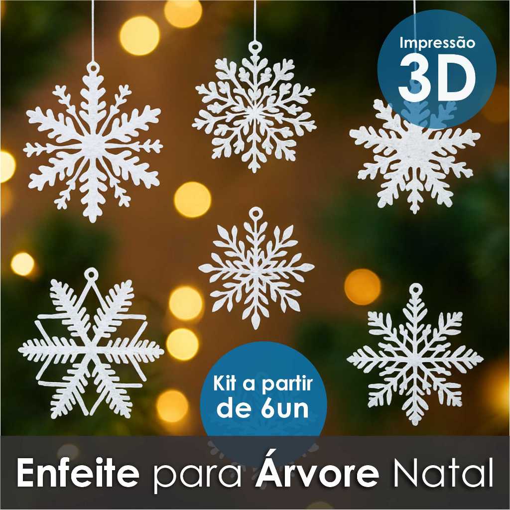 Enfeite Floco de Neve Árvore de Natal - Kit 6 a 24un - Decoração Natal Impressão 3D