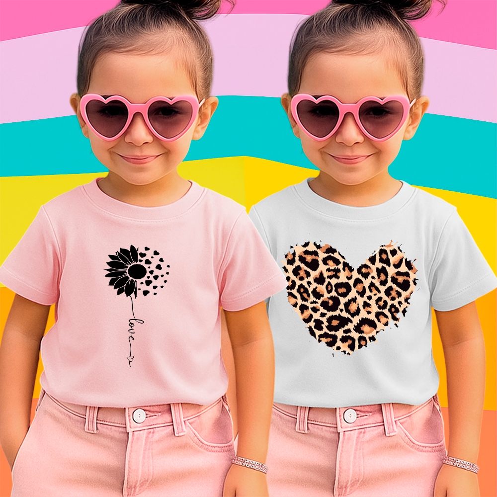 Kit 2 Camisetas Flor Love e Coração Onça Infantil  Menina Criança Manga Curta 100% Algodão 30.1 em Oferta na Shopee