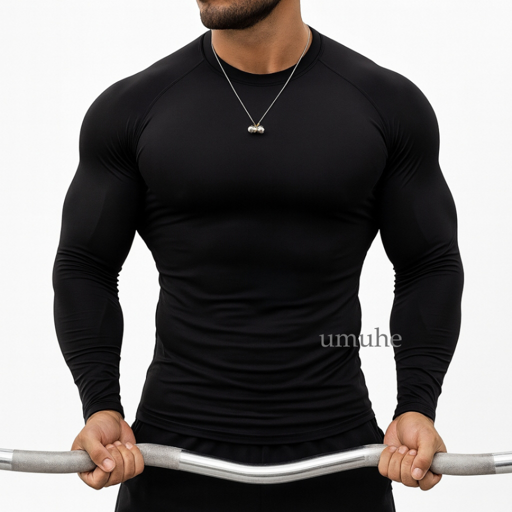 Camiseta de Compressão Masculina Manga Longa Térmica UV Academia Rash Guard Jiujitsu Apertada Justa Treino
