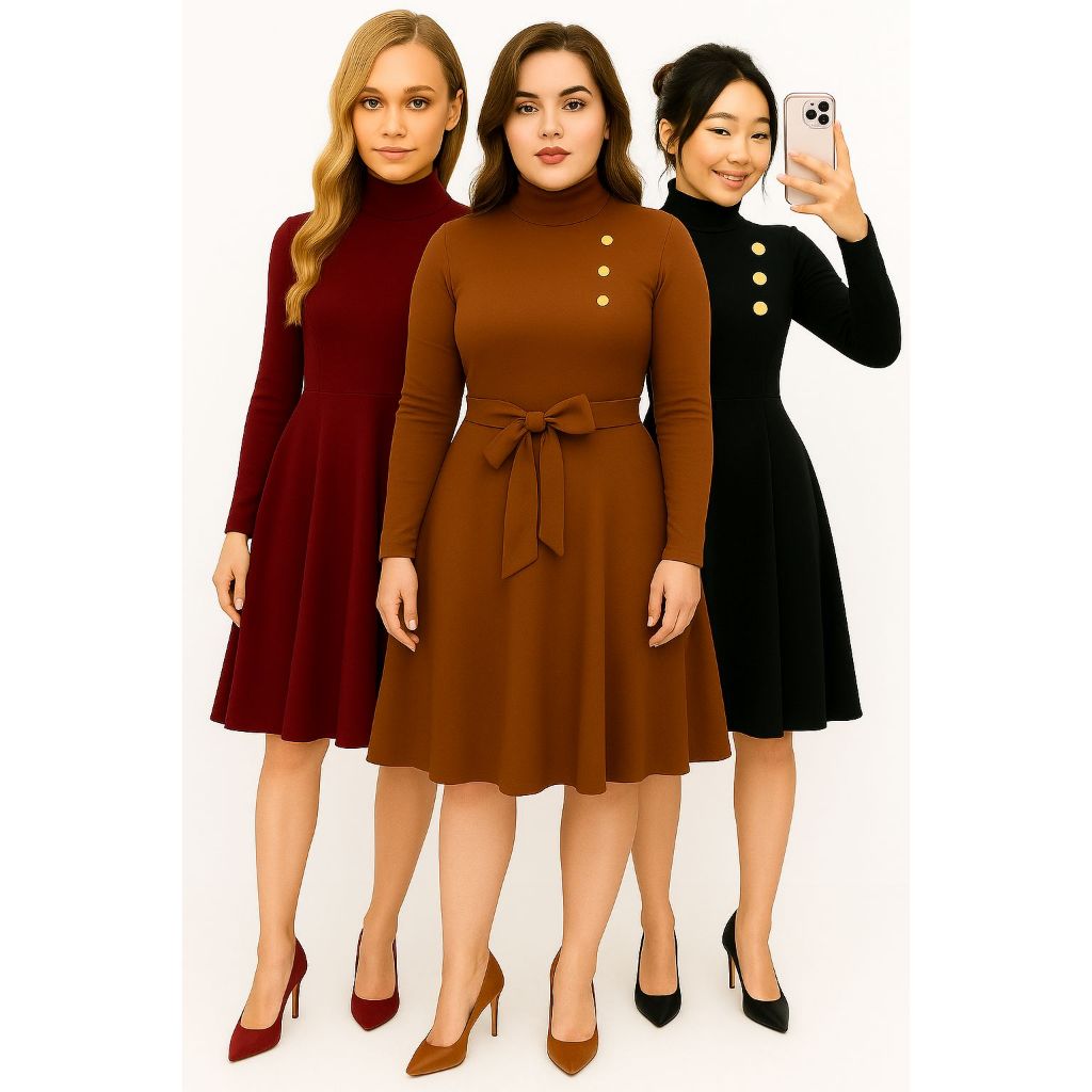 Vestido Moda Evangélica Modesta Gospel Plus Size Vermelho Preto Rodado Mangas de Poá Fardamento Congresso Moda Brás
