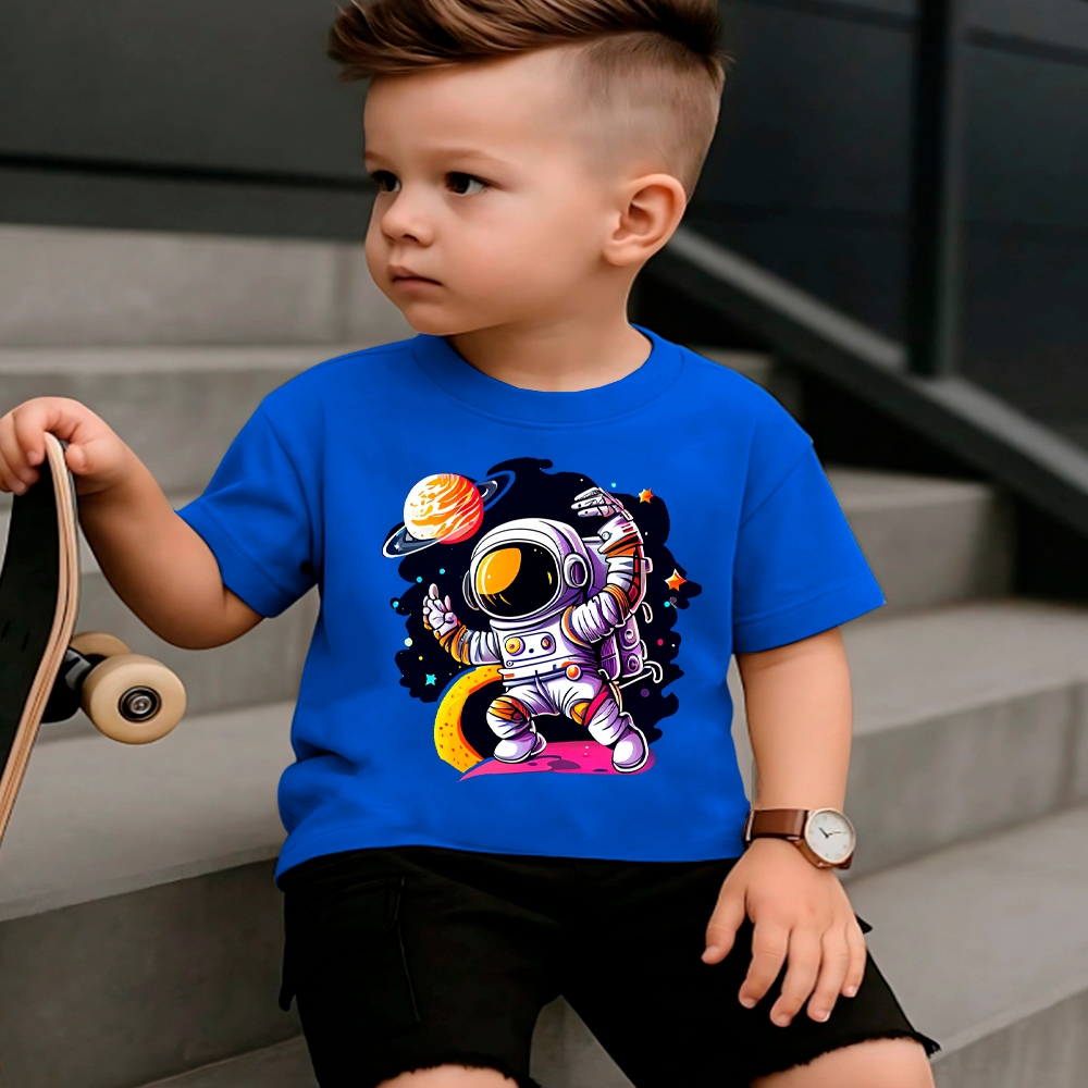 Camiseta Infantil Menino Criança Astronauta Planetas Manga Curta e Gola Redonda 100% Algodão 30.1