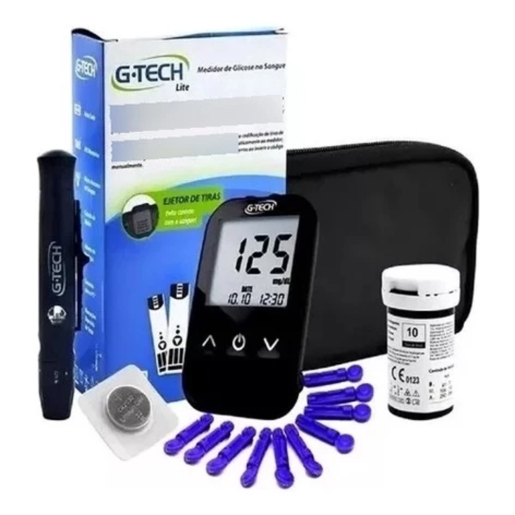 Kit Completo Aparelho Medidor De Glicose G-tech Lite Com 10 tiras