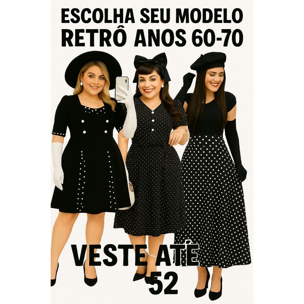 Vestido Retrô Anos 60 70 Bolinhas Poá Luxo Soltinho Godê Rodado Moda Evangélica Plus Size, Conjunto ou Saia Cetim
