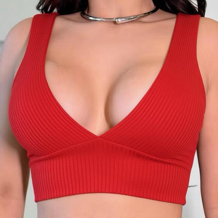 Top Cropped Feminino Canelado Decote V Com Bojo Academia Moda Gringa Fitness Envio Imediato Sensual