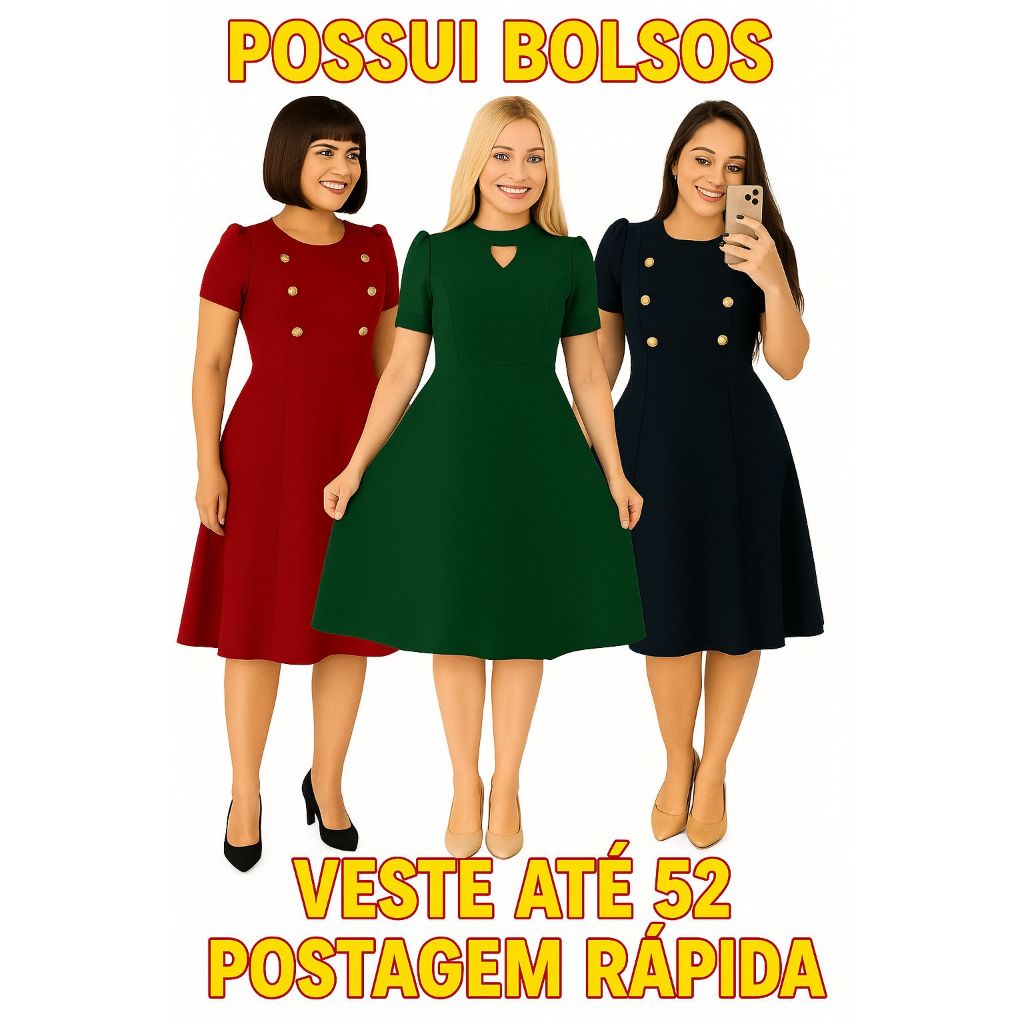 VESTIDO FEMININO PLUS SIZE MODA EVANGÉLICA MANGAS PRINCESA MIDI