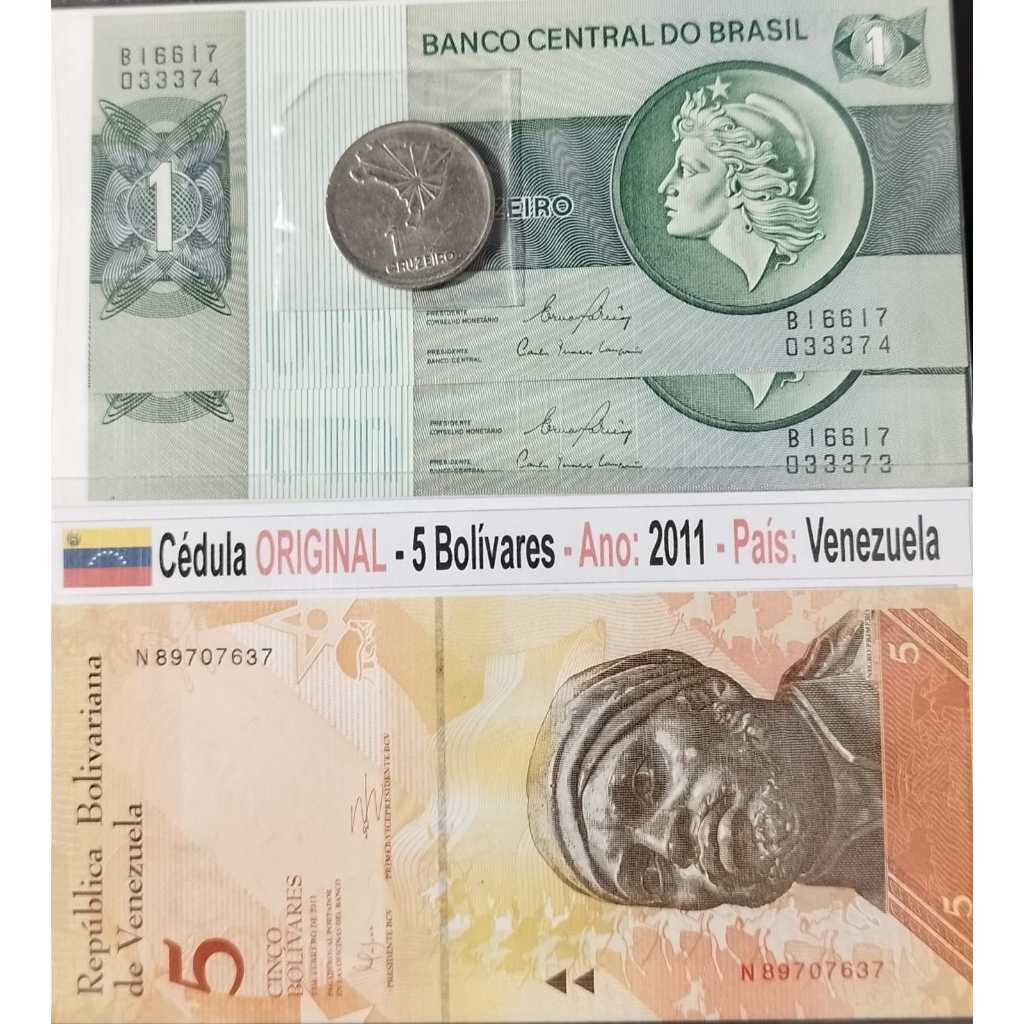 Venezuela - 1 Cruzeiro (Fe Sequencial) +  01 cédula 5  Bolívares. País: Venezuela + moeda 1 Cruzeiro comemorativa 1972