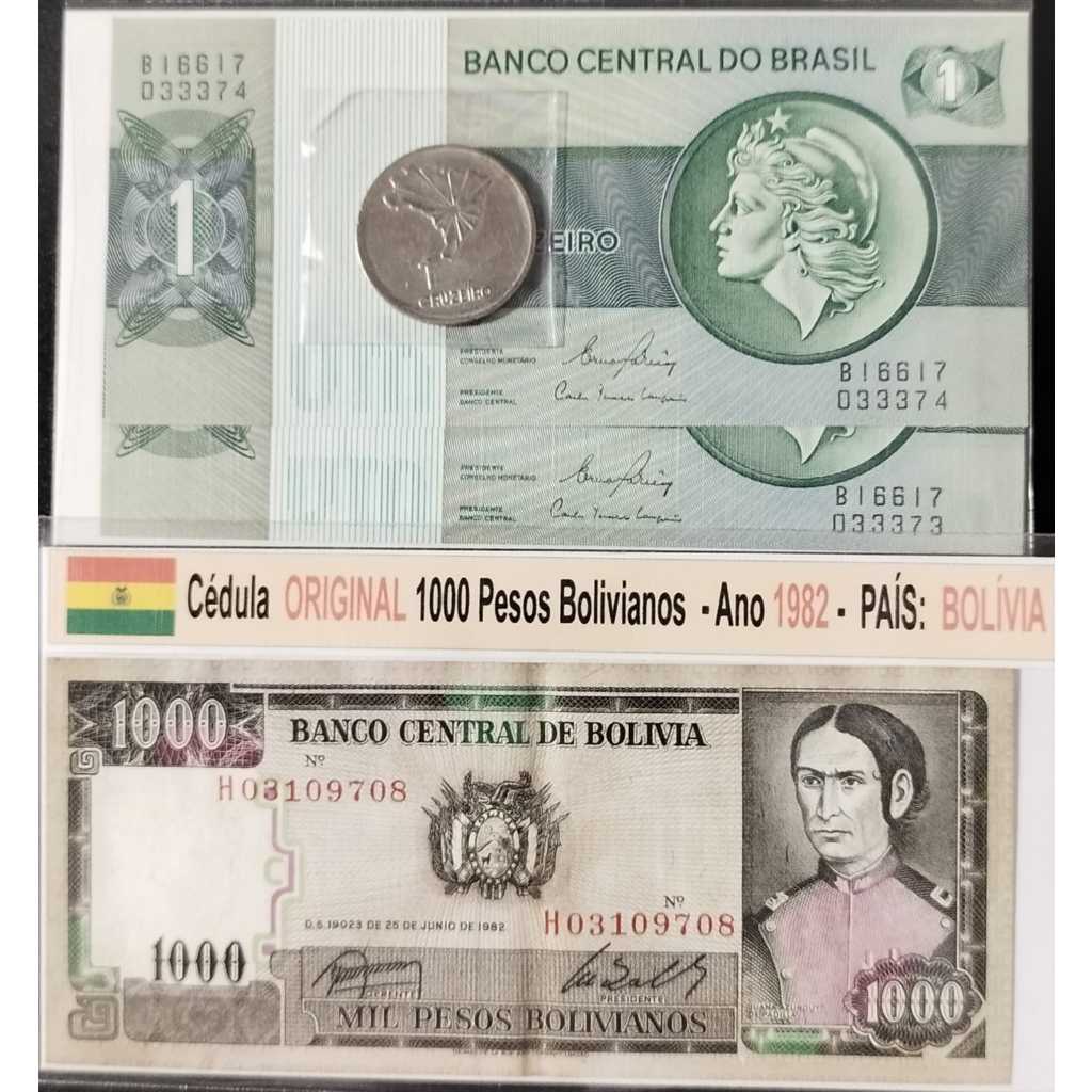 Bolívia - 1 Cruzeiro (Fe Sequencial) + 02 cédulas Mil Pesos Bolivianos. País: Bolívia + moeda 1 Cruzeiro comemorativa.