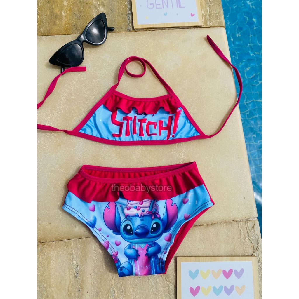 Biquini Infantil Lilo Stitch Menina Moda Praia Verão 2026 Blogueirinha Maiô Babado Conjunto Personagens Piscina 2 Ao 8