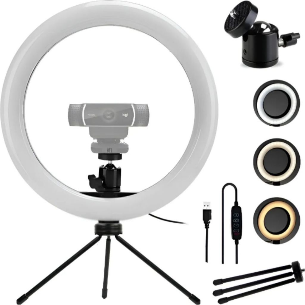 Ring Light Luz Led 26cm Suporte Para Webcam Celular Mini Tripé De Mesa