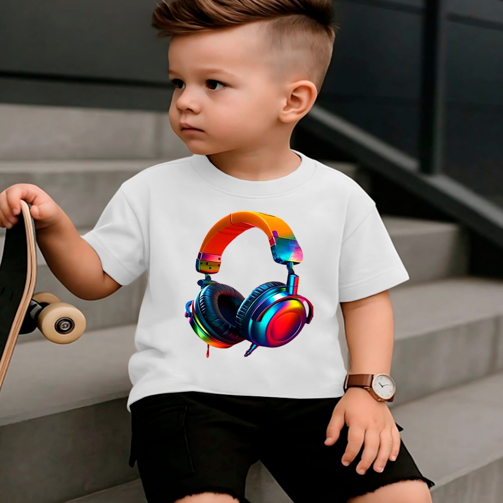 Camiseta Infantil Criança Fone Colorido Desenho Estampado Manga Curta 100% Algodão 30.1