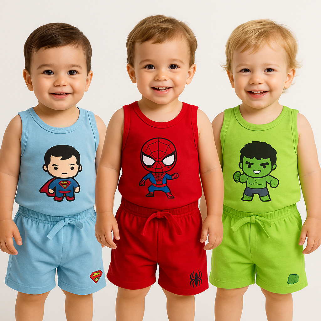 Conjunto Camiseta e Short Infantil Bebê Algodão Menino Menina Heróis Hello Kitty Homem Aranha