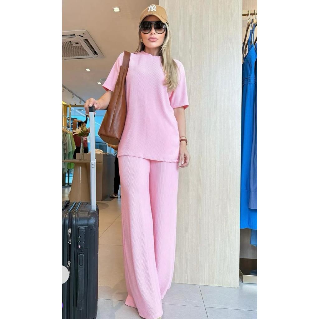 conjunto feminino oversize ana ruga calça pantalona camiseta longa manga curta trico confortavel chic elegante dia a dia em Oferta na Shopee