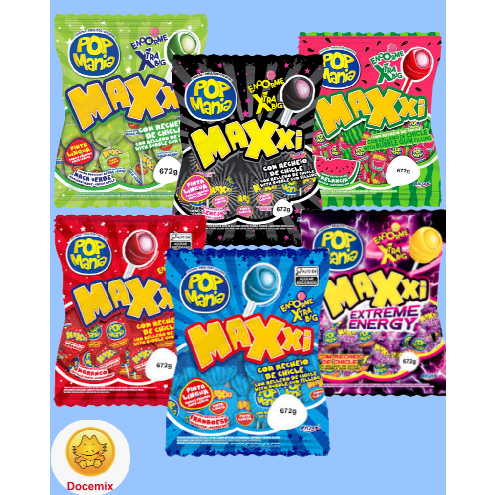 Pirulito Pop Mania Maxxi Riclan com Recheio de Chicletes 24 unds - Sabores ESCOLHA SUA UNIDADE OU SEU KIT C/2 PACOTES!