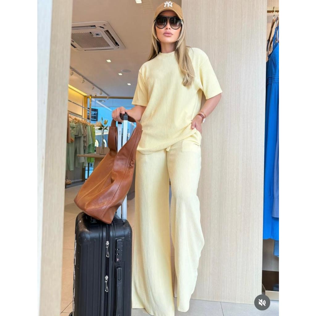 conjunto feminino oversize ana ruga calça pantalona camiseta longa manga curta trico confortavel chic elegante dia a dia