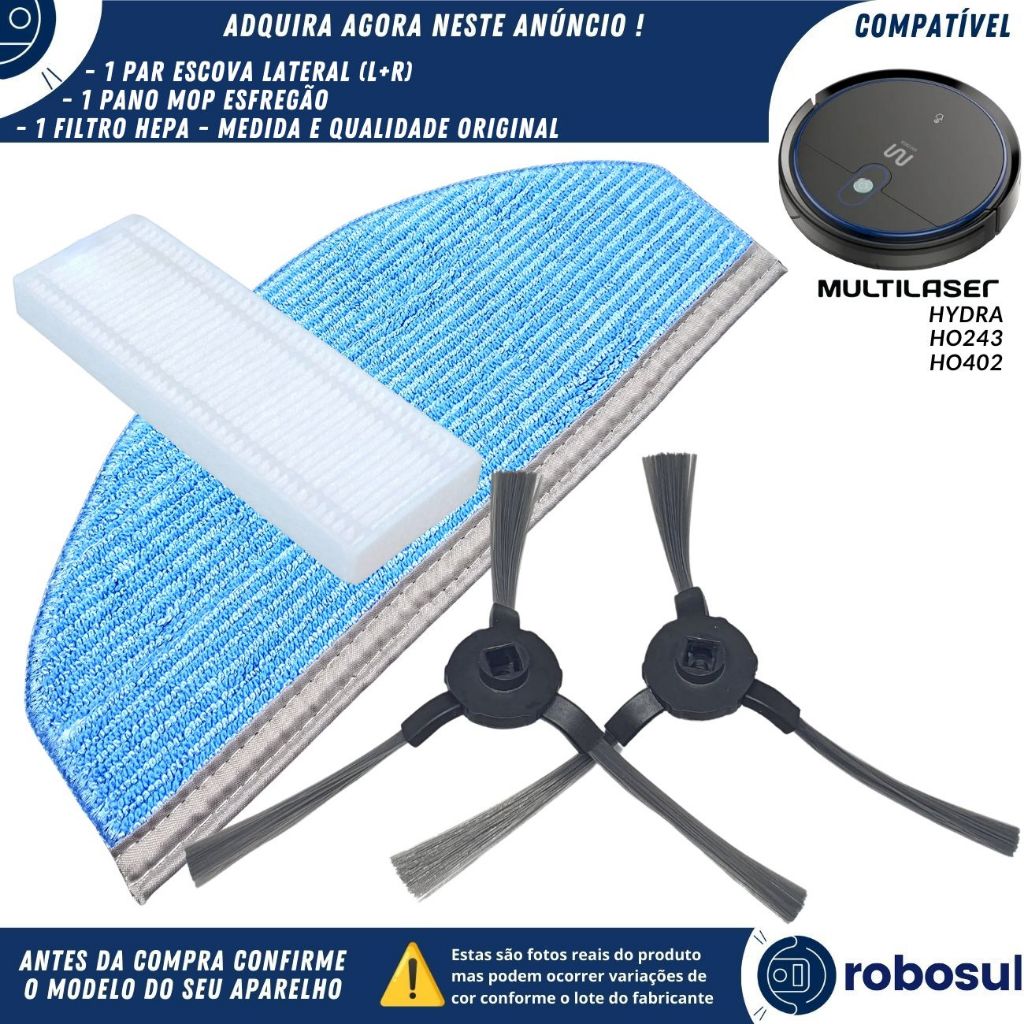 Escova Lateral Filtro Hepa Pano Mop Flanela Para Robô Aspirador Multilaser Hydra HO243 e HO402