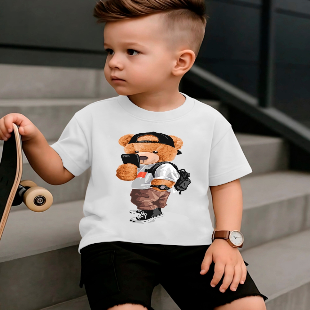 Camiseta Infantil Urso Selfie Estampado Colorido Manga Curta e Gola Redonda 100% Algodão 30.1