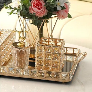Porta-canetas de maquiagem de cristal luxuoso e nobre, penteadeira, sala de estar, decoração de mesa de jantar em Oferta na Shopee