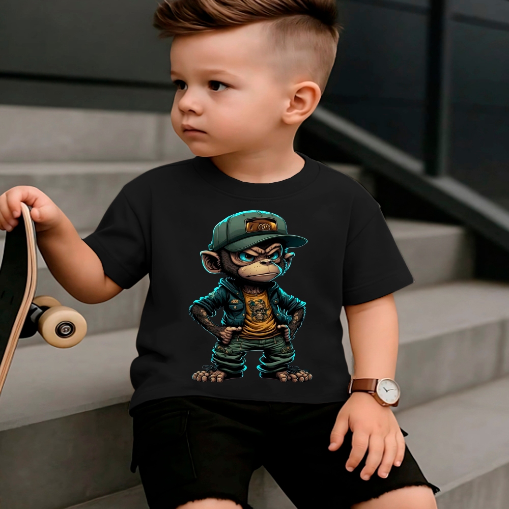 Camiseta Infantil Macaco Desenho Animado para Crianças Manga Curta 100% Algodão 30.1 Gola Redonda