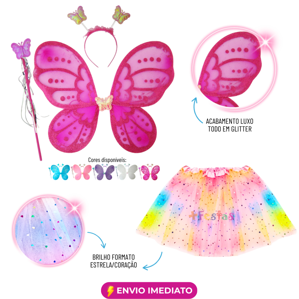 Fantasia De Fada Borboleta Luxo Glitter Completa Asa Com Varinha, Tiara e Saia Brilho + Cetim