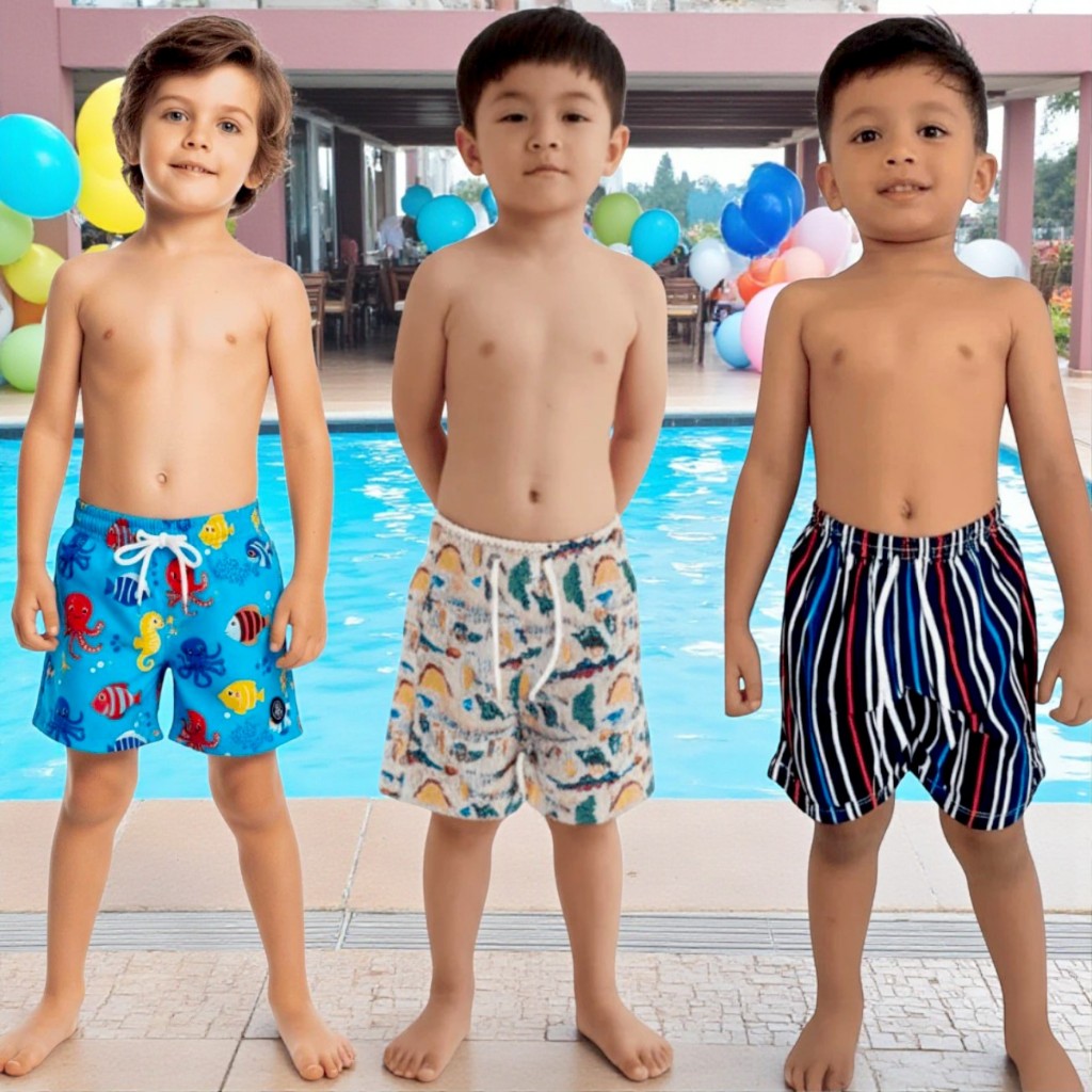 Kit 5 Short infantil Tactel Bermuda estampada com Elástico, Cordão E bolso traseiro (Sortidos)