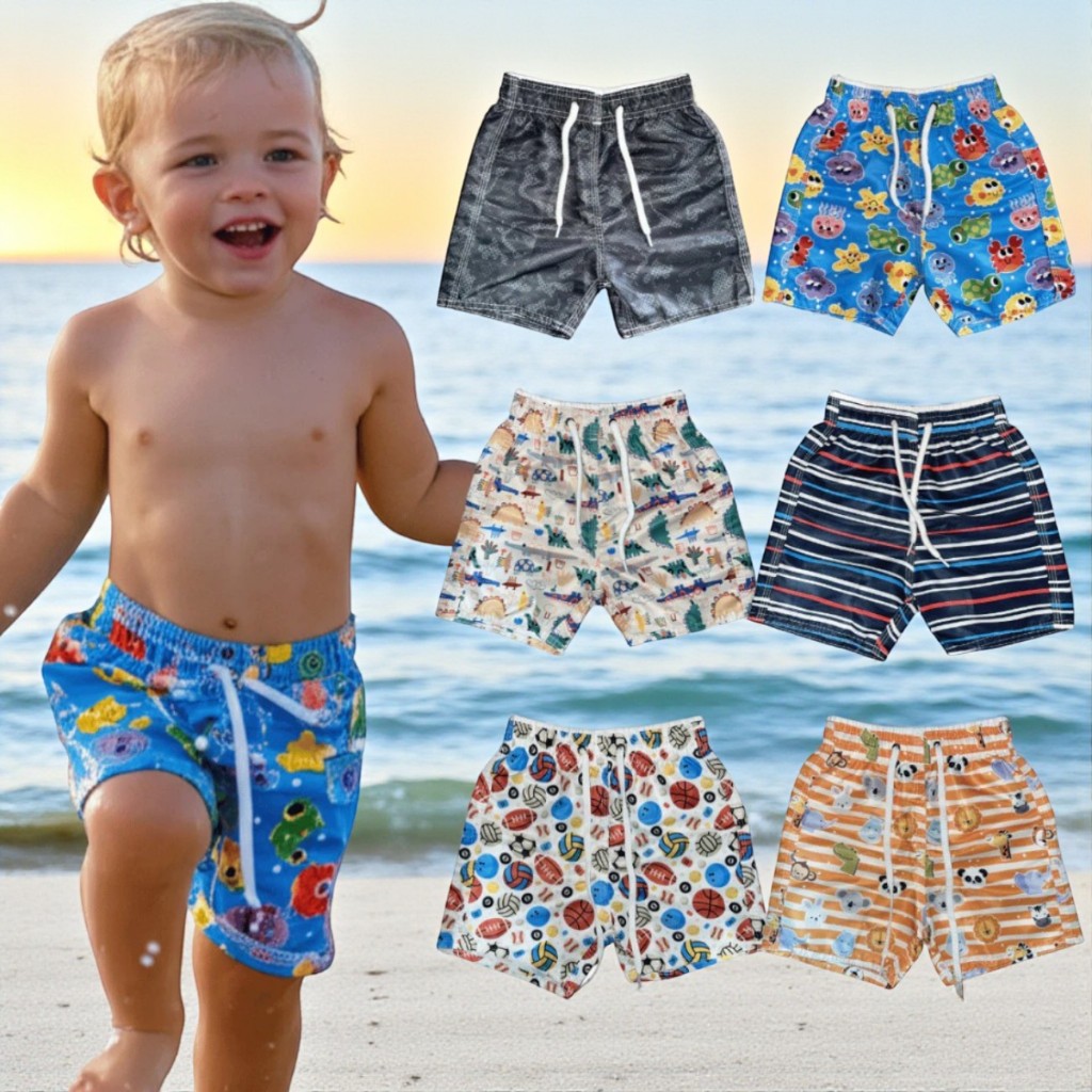 Kit 2 Short infantil Tactel Bermuda estampada com Elástico, Cordão E bolso traseiro (Sortidos)