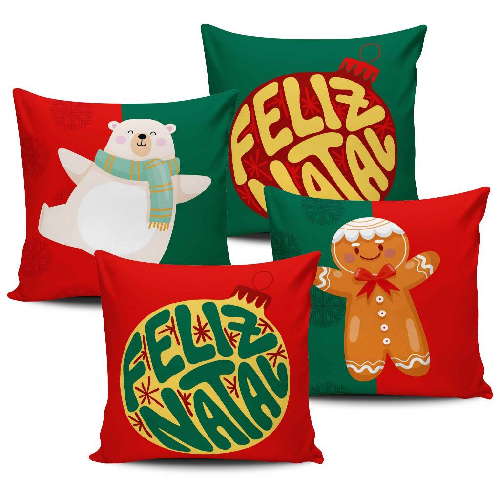 Kit Com 4 Capas Almofadas Feliz Natal Verde e Vermelho 45x45cm