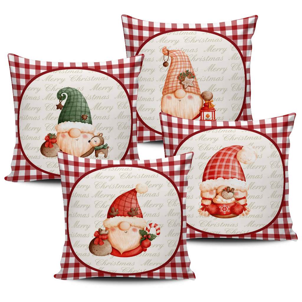 Kit Com 4 Capas Almofadas Duendes natal Xadrez Bordo Vinho Marsala 45x45cm