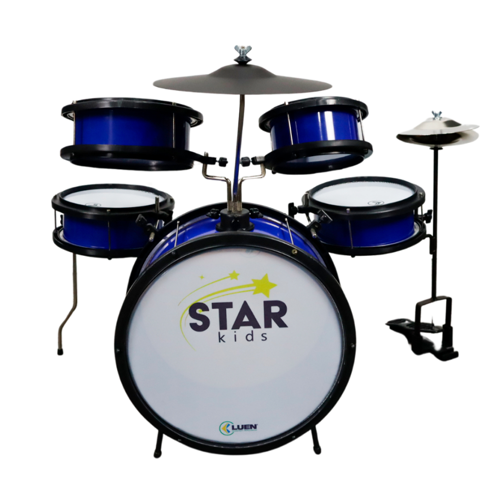 Bateria Infantil Crianças Star Kids Azul Completa com Banco Pratos Baquetas Luen