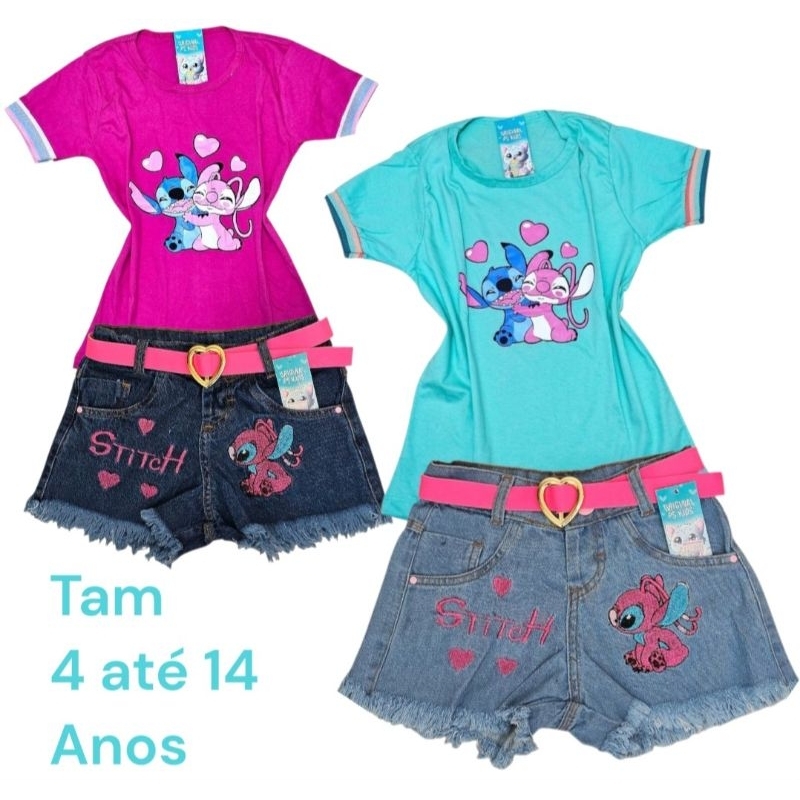 conjunto jeans stitch infantil short c cinto, e blusa no 2 4 6 8 10 12 14 16 anos roupa infantil menina juvenil infantil