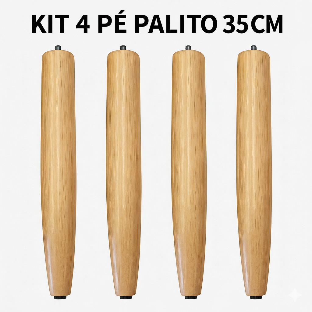 Kit 4 Pés Palito 35cm em Madeira Maciça – Estilo Retrô p/ Sofá, Rack, Poltrona e Móveis