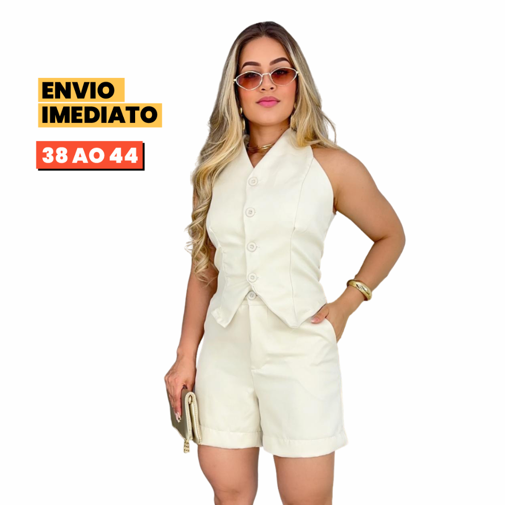 Conjunto Feminino Verão Alfaiataria Premium Colete com Short Confortável Trabalho ou Passeio