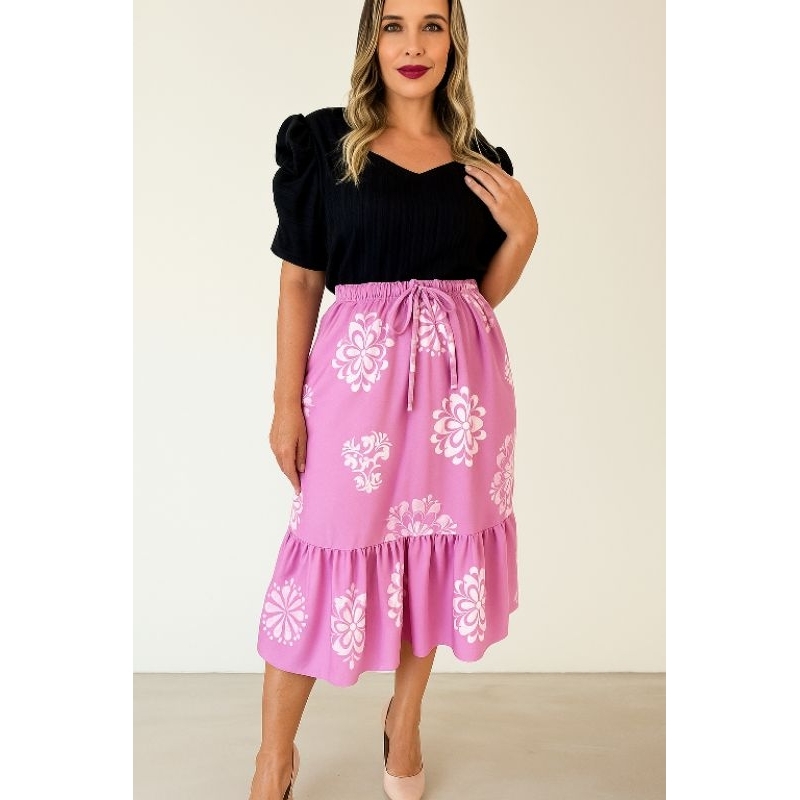Saia Pluss Size Moda Evangélica Tecido Crepinho Elegante e Confortável Saia babado veste 42 ao 50