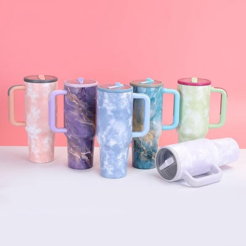 Térmico Copo  Marmore com Alça e Canudo Retrátil 1200 ML Aço Inoxidável Isolamento Térmico