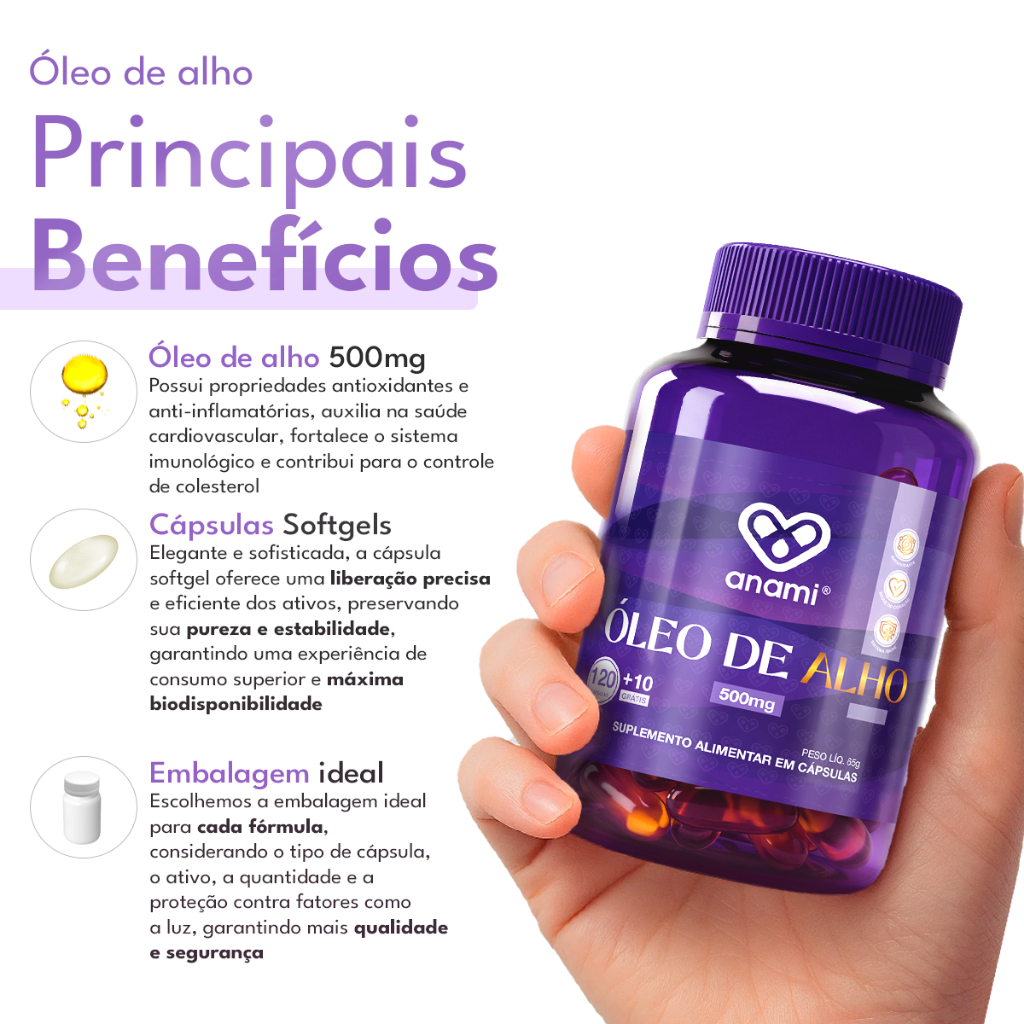 ÓLEO DE ALHO 1000mg por Dose – Softgel Sem Sabor e Sem Odor – Sem Glúten – 130 Cápsulas – Anami