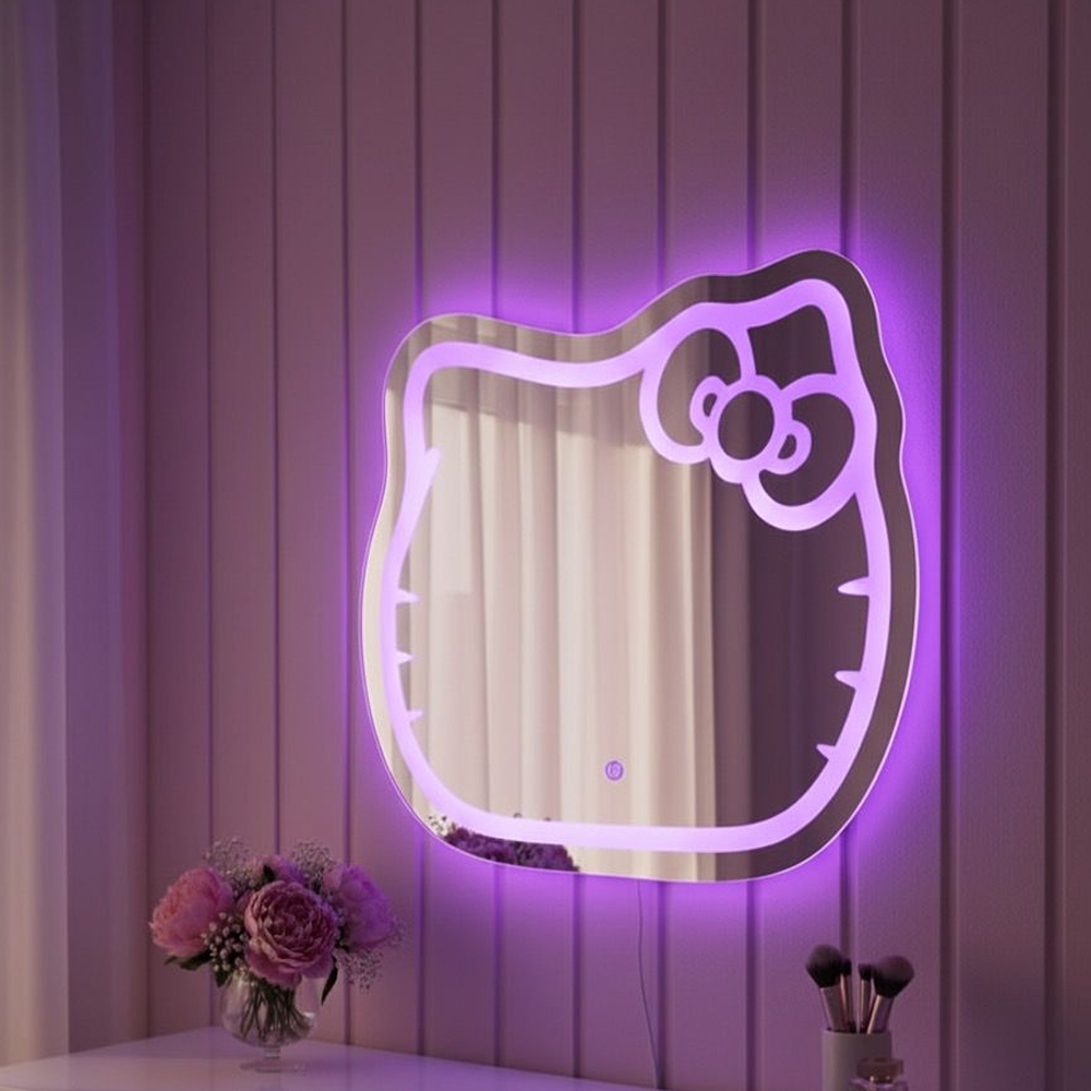 Espelho Infantil Jateado Gatinho Gato Hello Kitty 70x65cm Led Touch Três Tons Roxo Branco e Amarelo em Oferta na Shopee