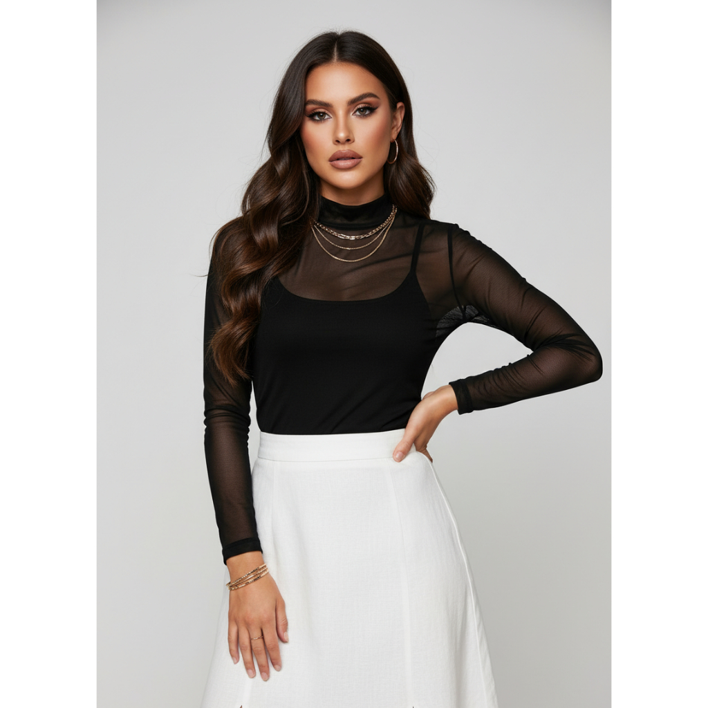 Blusa Tule Em Tule  Feminino Tule Manga Longa Gola Alta Semi Transparente Atende Plus Size Elegante
