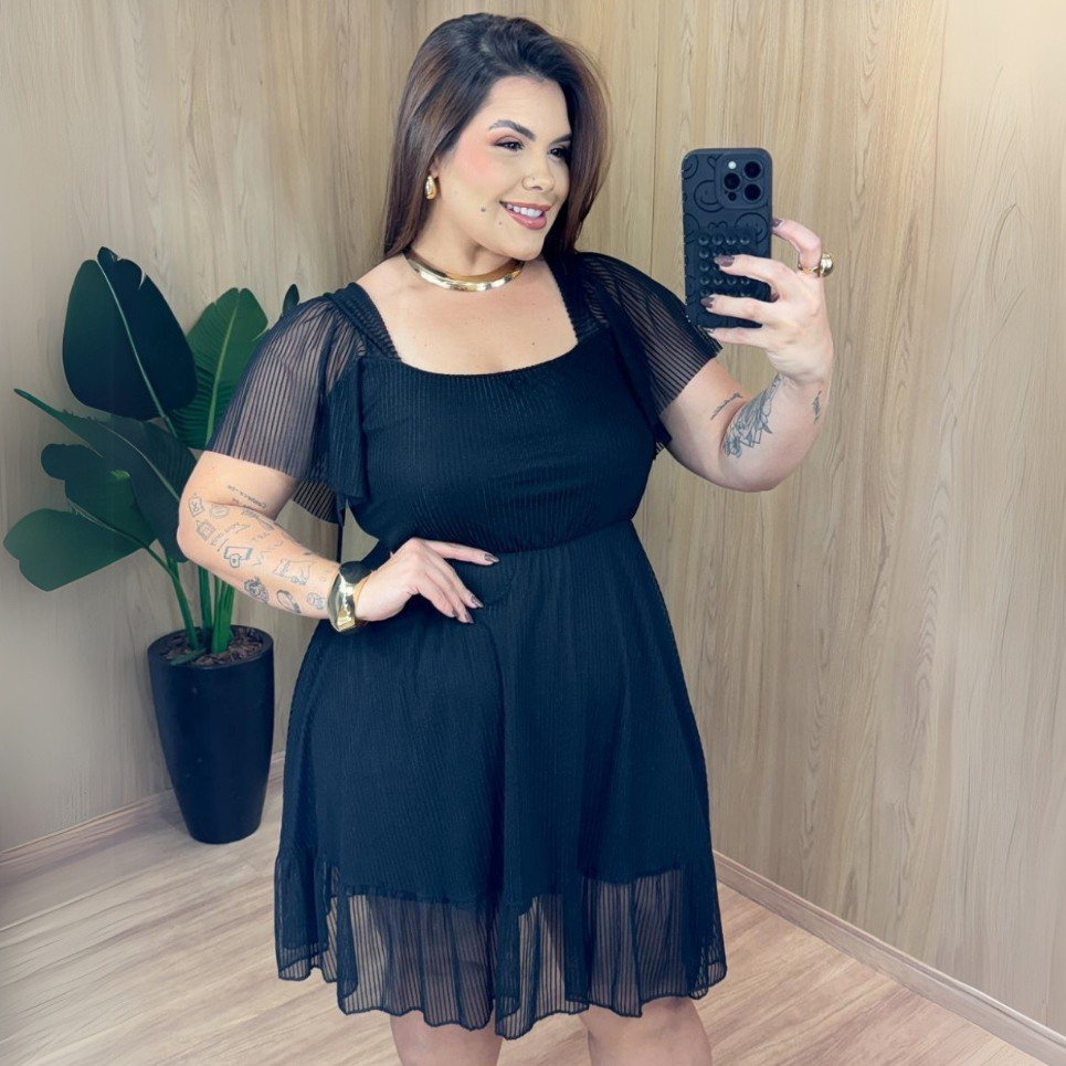 Vestido Plus Size Rodado Elegante | Tule LIstrado Forrado Manga Curta - Look Casual ou Festa em Oferta na Shopee