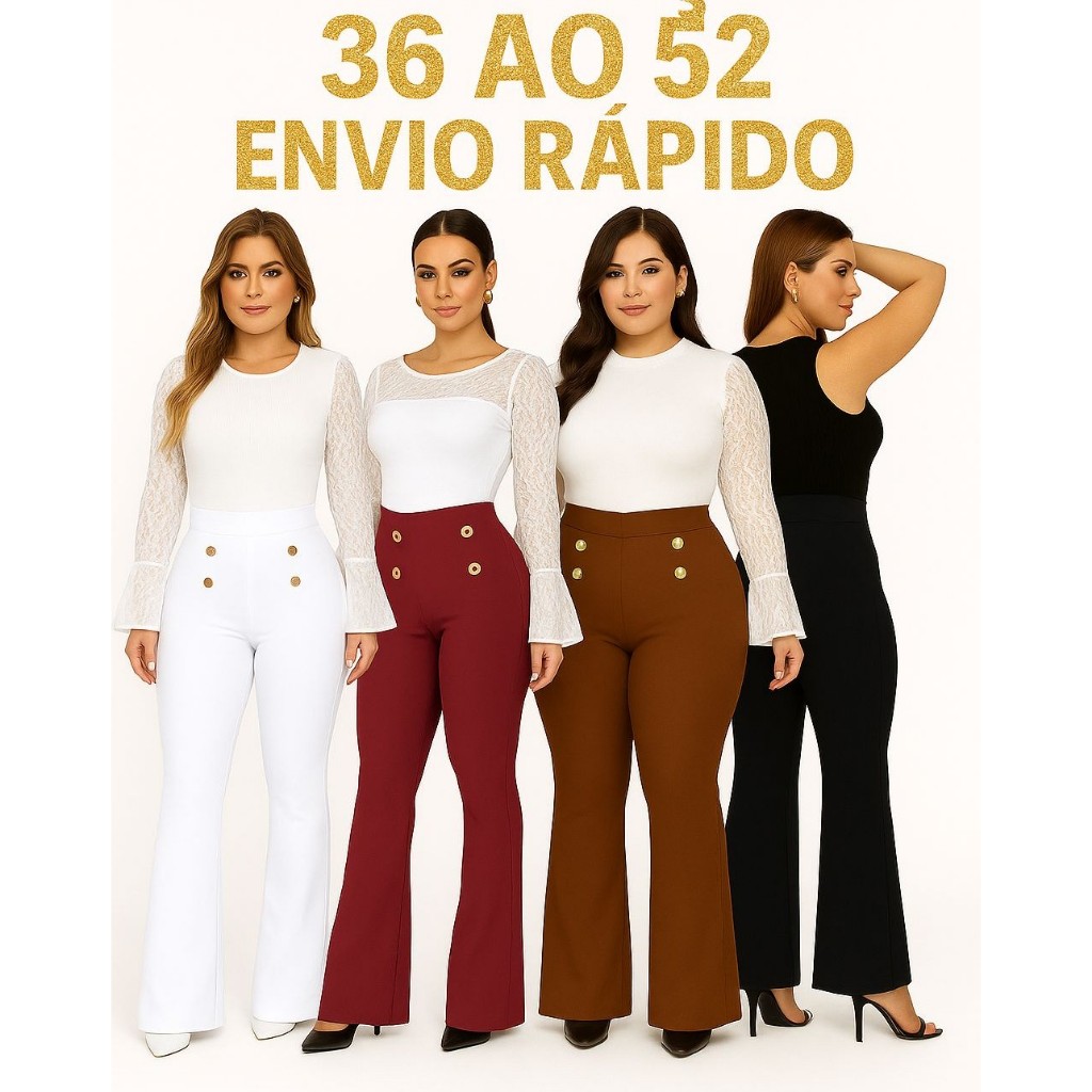 Calça Plus Size na promoção Preta Cintura Alta Social Modeladora Pantalona Boca De Sino Cós Alto Boca Larga
