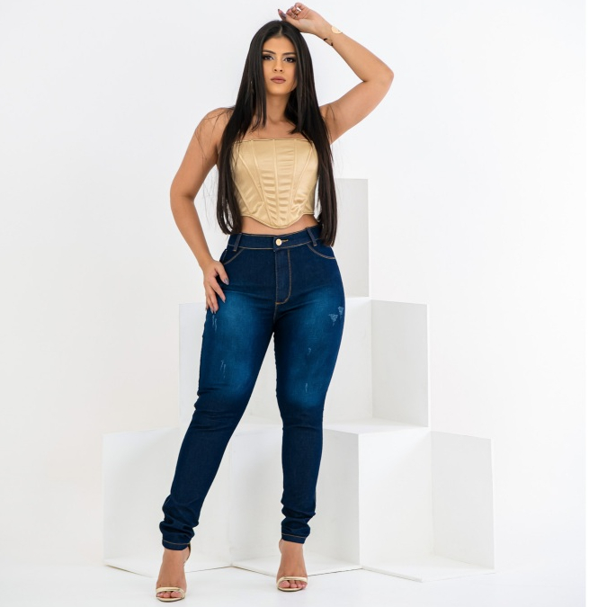 Calça Feminina Jeans Cós Alto Ate o Umbigo Com Elastano Lycra Roupas Femininas em Oferta na Shopee