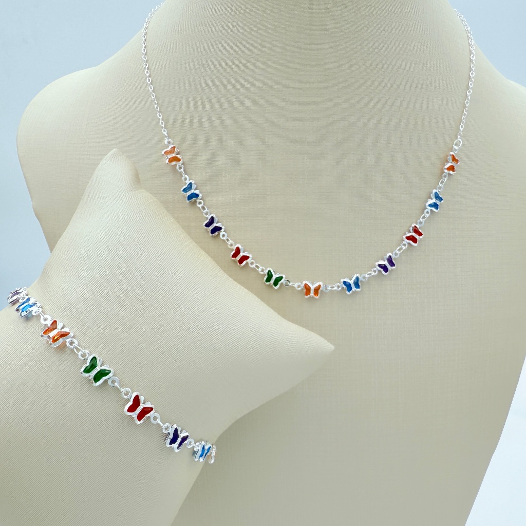 Kit Colar e pulseira de borboleta colorida banhado e ouro 18k a prata 925 feminina