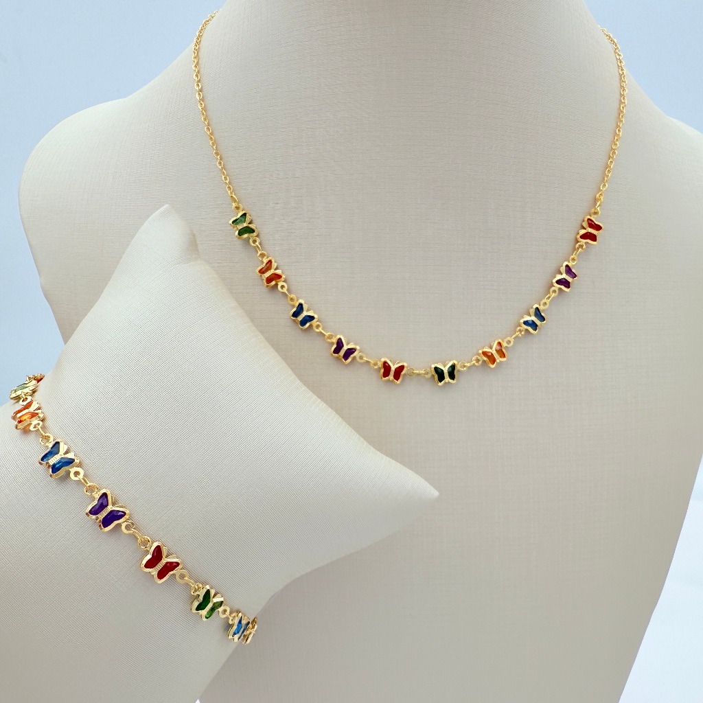 Conjunto de colar e pulseira de borboleta colorida banhado e ouro 18k a prata 925 feminina