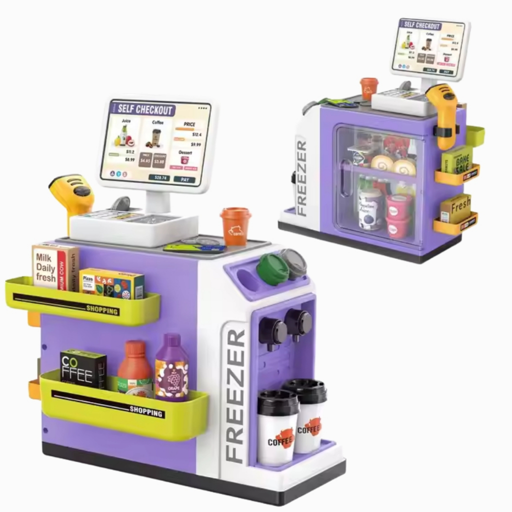 Mini Mercado Com Cafeteira Que Sai Água De Verdade Máquina Ler Códigos Bip Comidinhas e Caixinhas