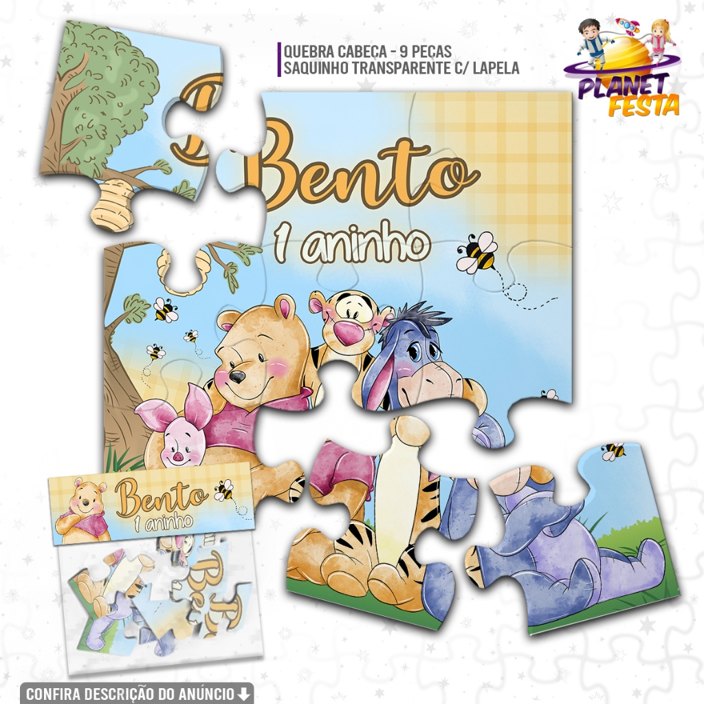 Quebra-Cabeça Personalizado Ursinho Pooh | Lembrancinha de Aniversário 9 Peças